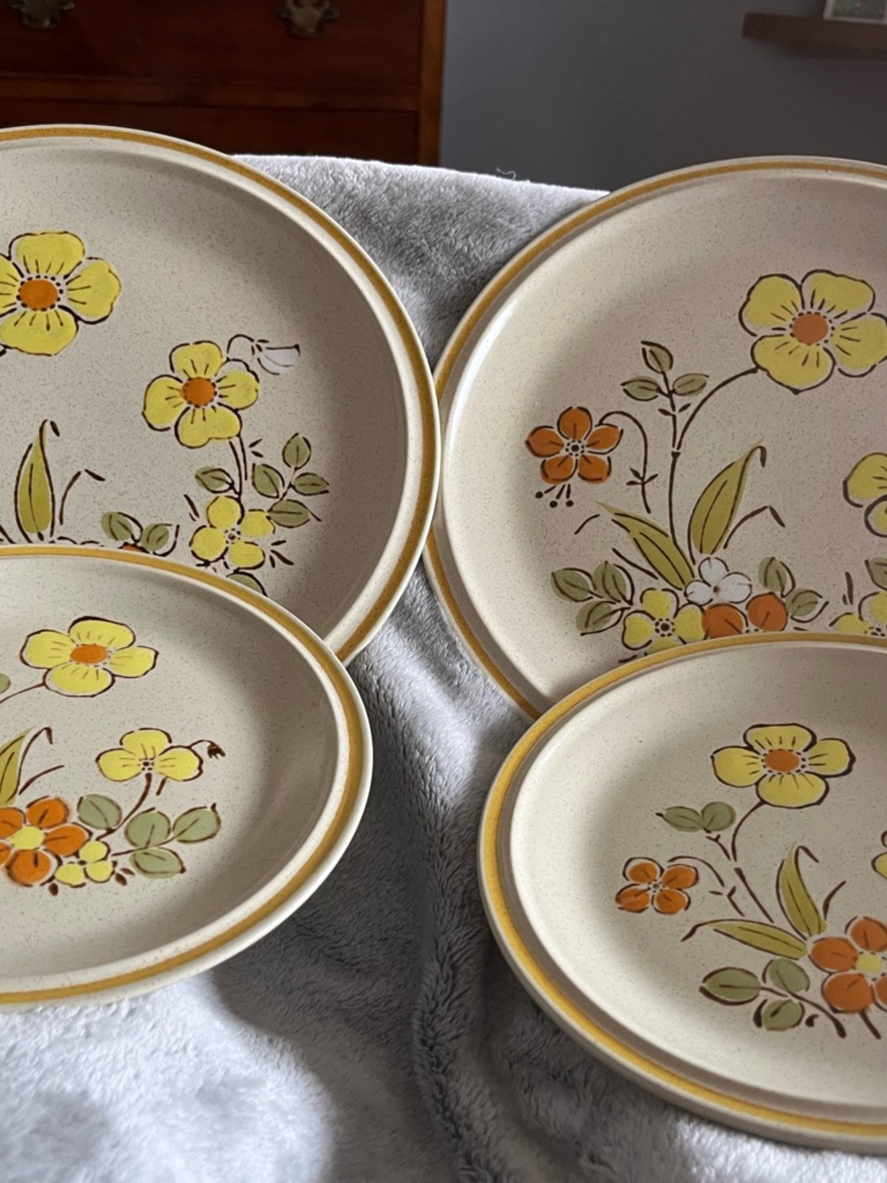 Vintage Floral Stoneware Dinner Plates and Bowl - Yellow & Orange